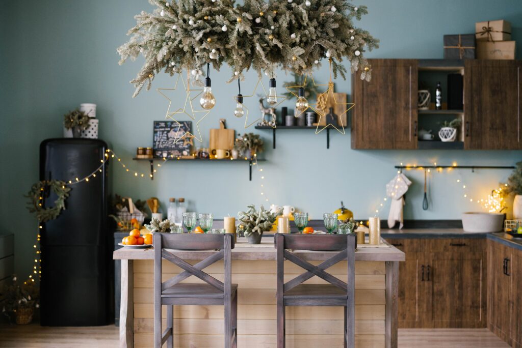 Stylish Christmas kitchen in blue tones